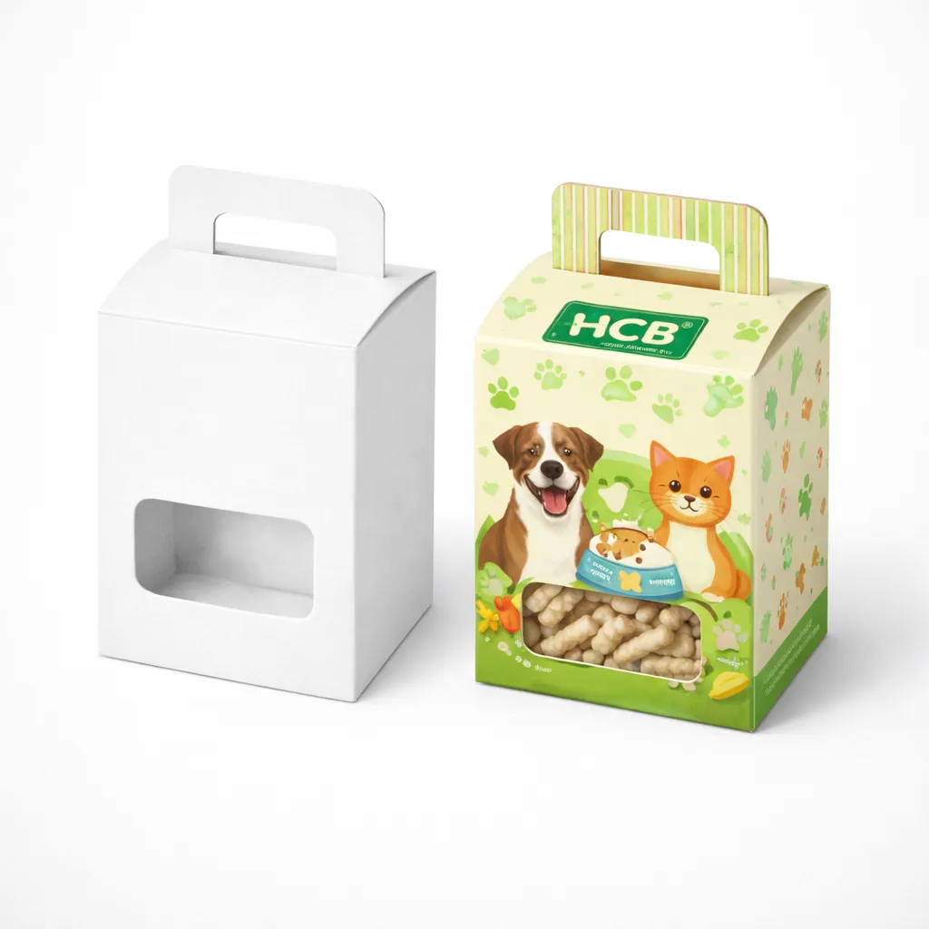 Two flat open mailer boxes, one plain white and one featuring a colourful dog illustration with branding. class=